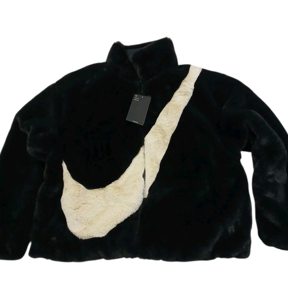 Nike Faux Fur Swoosh Jacket Oversized Coat Black / Fossil Small DO3791-010 New